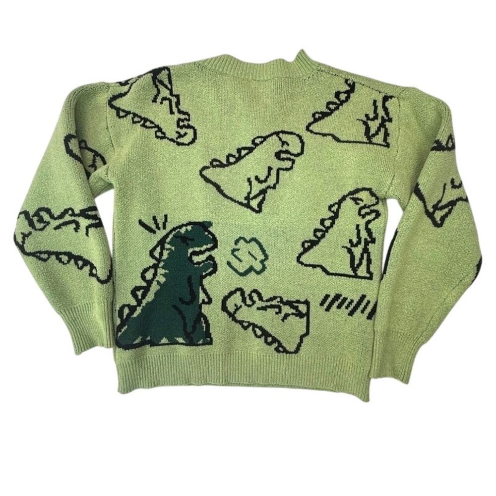Green Dinosaur Cartoon Knit Sweater Unisex Small Crewneck Graphic Pullover - Picture 2 of 11